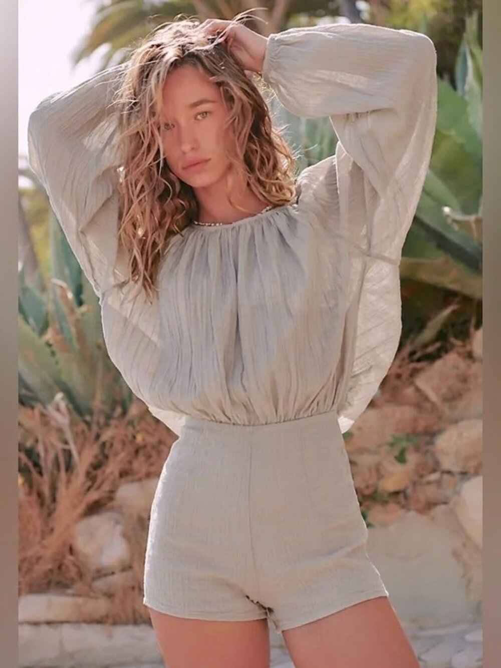 Free People Real Resort Crinkle Gauze Romper Stone S
